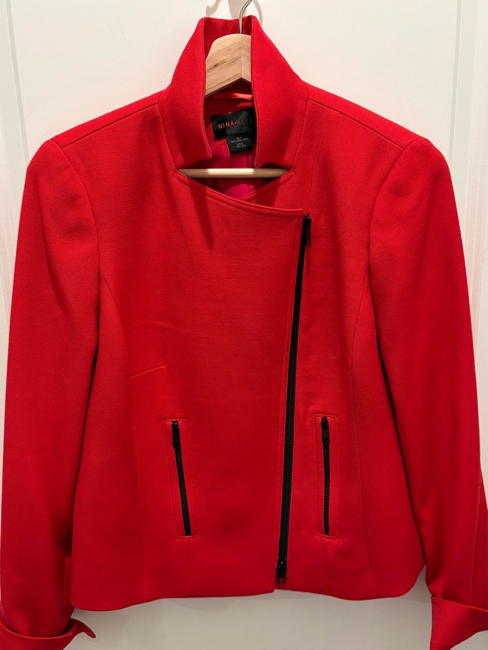 Nina McLemore Red Virgin Wool Silk Lined Moto Zip Jacket Blazer Size 2